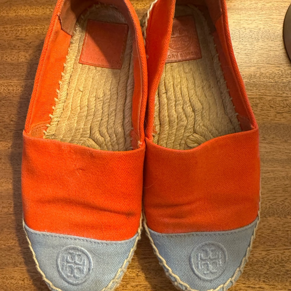 Tory Burch Color Block Orange Blue Canvas Slip On Espadrilles Size 6